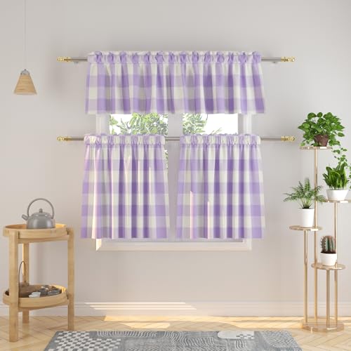 "3 Pieces Tier Curtains and Valance Set Buffalo Check Kitchen Tiers Plaid Gingham Rod Pocket Classic Short Small Cafe Curtains Country Farmhouse Cafe Bathroom 54""x18""/27""x24"" Lilac & White"