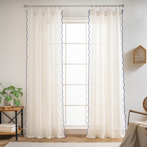 DriftAway Semi Sheer Scalloped Edge Linen Coastal Beach Window Curtains for Living Room Bedroom 2 Panels Rod Pocket Each Size 52 Inch by 96 Inch Navy