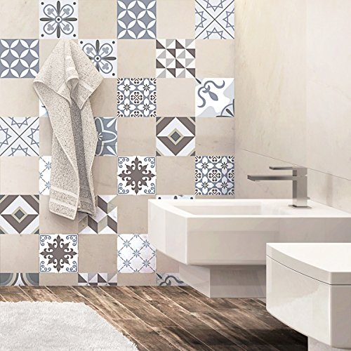 Ambiance Sticker Self-Adhesive Decorative Wall Decal Cement Tile for Bathroom and Kitchen Ornements D??licats - Pack of 24 Stickers of 20 x 20 cm