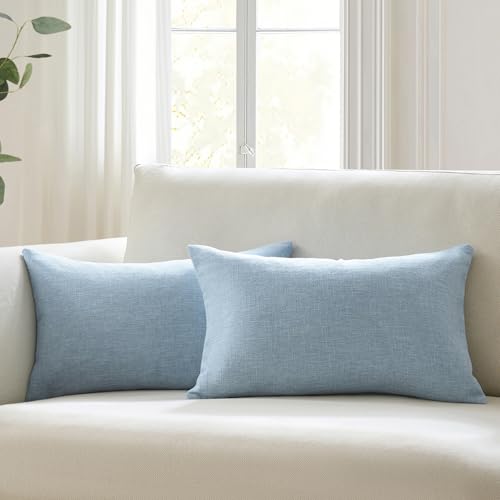 Meekio Set of 2 Light Blue Throw Pillow Covers 12x20, Coastal Linen Blend Decorative Pillow Covers for Couch Sofa Bed, Beach House Home Decor