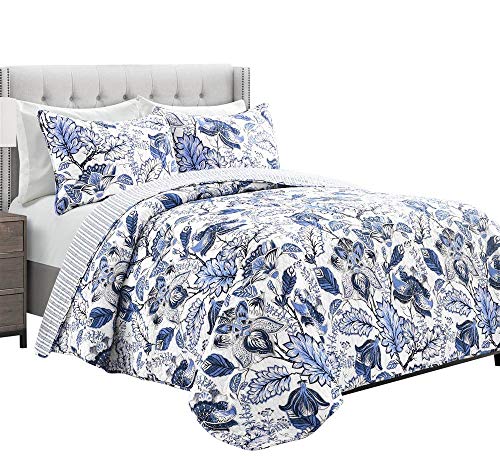 Lush Decor Cynthia Jacobean Quilt 3 Piece Reversible Bedding Set, King, Blue