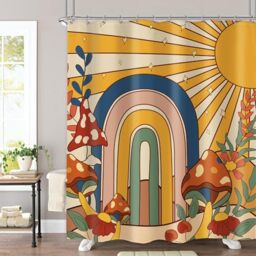 Omifly 70s Retro Mushroom Hippie Shower Curtain 60Wx72H Inch Sun Rainbow Hippy Vintage Floral Funky Boho Chic Flowers Abstract Aesthetic Groovy with 12 Hooks Fabric Waterproof Accessories Decor