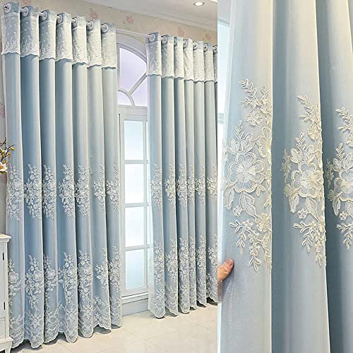 Amidoudou 1 Pair European Double Layer Curtains Luxury Flower Embroidered Curtains for Living Room Bedroom (Blue,52x95 Inch)