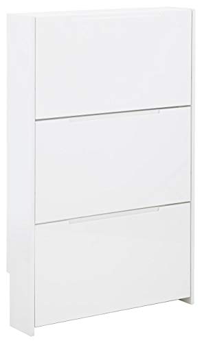 GFW Narrow High Gloss 3 Tier Shoe Cabinet Stores Up To 9 Shoes, Wooden Slim Shoe Organiser Cabinets for Home Entryway, Hall & Bedroom, White, H-112cm x W-72cm x D-17cm