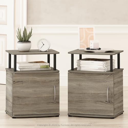 Furinno TIDUR Night Stand Set of 2, Nightstand with Open Shelf and Door Cabinet, Round Corner Bedside Table, End Table, Side Table, for Bedroom, Living Room, French Oak