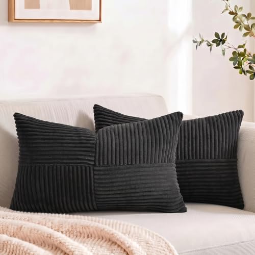 Fancy Homi 2 Packs Black Long Lumbar Decorative Throw Pillow Covers 16x24 Inch for Couch Bed Sofa, Rustic Farmhouse Boho Home Decor, Soft Striped Corduroy Rectangle Accent Cushion Case 40x60 cm