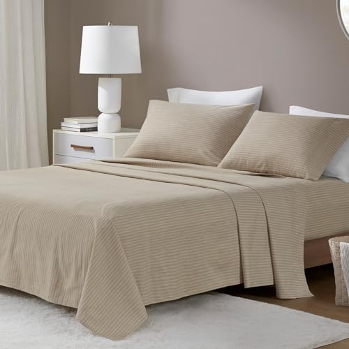 "Beautyrest Sheet Cozy & Breathable Cotton Flannel Sheets, Elastic Deep Pocket Sheet Set Fits Up to 18"" Mattress, All Season, Lightweight, Warm Cotton Bed Sheets, Cal King Beige/White Stripes 4 Piece"