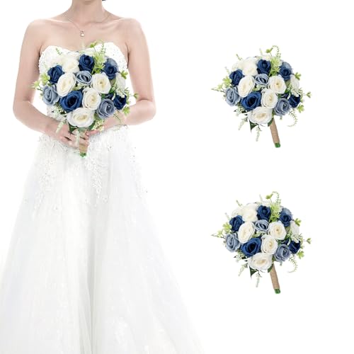 HOMENERGY Set of 2 Bridesmaid Bouquets for Wedding - 7 Inch Artificial Flower Bouquet for Party Ceremony Anniversary Dinning Table Centerpieces Decor -Navy Blue & Dusty Blue & White