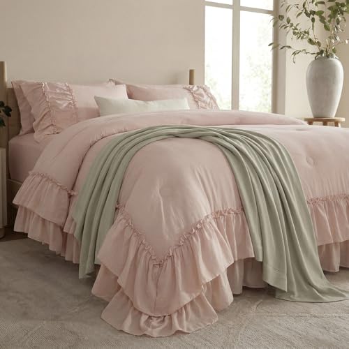 Bedding_Dreamer Blush Pink Ruffle Comforter Set Queen, 3 Pieces Shabby Chic Farmhouse Bedding, Soft Microfiber Comforter with Matching Shams, All Season