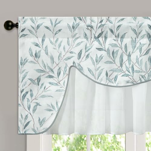 VOGOL Leaves Pattern Farmhouse Valance, Wrinkle Free Faux Linen Overlay Window Treatments for Bathroom, 1 Panel White Sheer Double Layers Rod Pocket Wavy Valances, W 52 x L 18