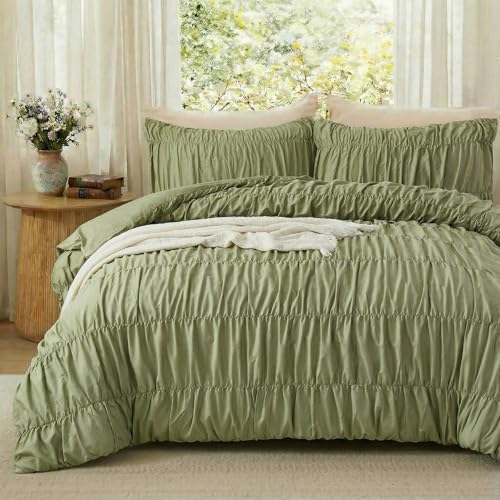 Bedbay Boho Queen Duvet Cover 100% Cotton,Ruched Bedding Comforter Cover Set,Avocado Green Pure Cotton Wrinkle Duvet Cover Queen,Bohemian Dorm Bedding Set 3 Pcs with 2 Pillowcases