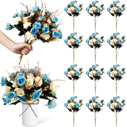 Hotop 12 Bunches of Artificial Flowers Centerpiece 13 Inches Silk Fake Roses Bouquets for Table Decoration Faux Arrangement Flowers for Wedding Cemetery Memorial Day (Light Blue)