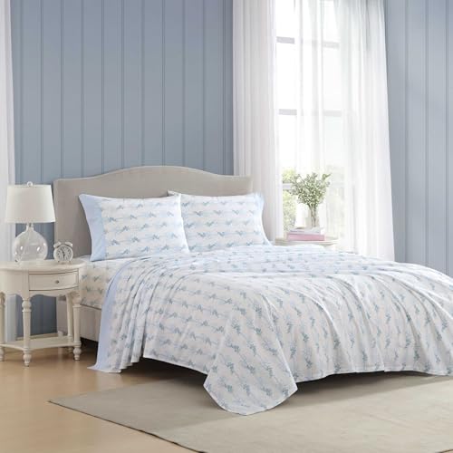 Laura Ashley - Queen Sheet Set, Breathable Percale Cotton Bedding with Matching Pillowcases, 200 Thread Count, Deep Pocket, Chic Room Essentials (Floral Ribbon Blue, Queen)