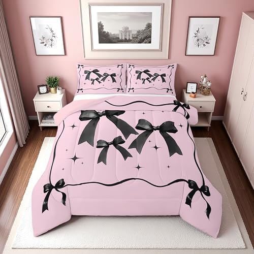 Erosebridal Pink and Black Bow Queen Comforter Set for Girls - Coquette Ribbon Bows Bedding Sets for Kids Women, Cute Pink Bow Tie Bed Set, Kawaii Bowknot Room Decor, 2 Pillowcases