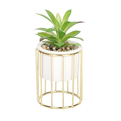 Sleepdown Halo Green Leaf Gold Cage Stand Artificial Faux Plant for Home Office Bathroom Decor Indoor Decoration Aesthetics, Small