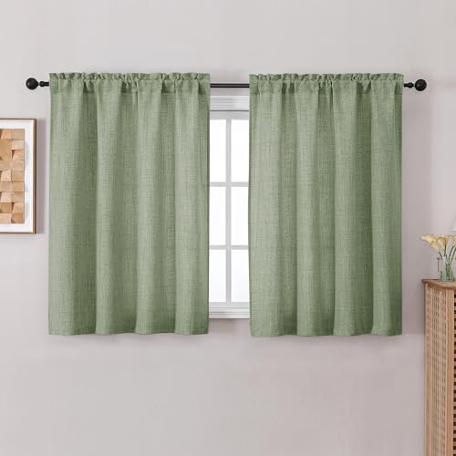 Chyhomenyc Green Kitchen Curtains 45 Inch Length 2 Panels, Light Filtering Faux Linen Slub Textured Short Curtains, Soft Airy Window Treatment Rod Pocket Curtain for Living Room Bedroom, 30Wx45L Inch