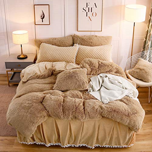 LIFEREVO Luxury Plush Shaggy Duvet Cover Set, Soft Velvet Fluffy Furry Duvet Cover Set(1 Faux Fur Fuzzy Comforter Cover + 1 Pom-poms Pillow Sham)Solid Bedding Set, Zipper Closure(Twin/Twin XL, Camel)