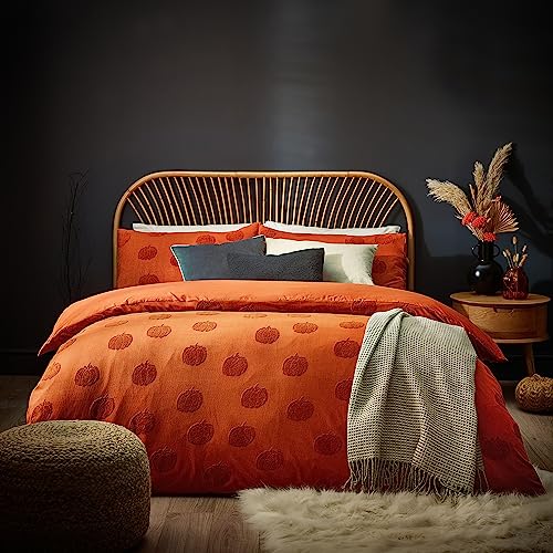 furn. Pumpkin Tufted Halloween 100% Cotton Duvet Cover Set – Autumn Bedding (Orange - King)