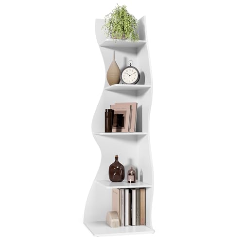 LITTLE TREE Small Corner Shelf, Modern 5-Tier Wall Corner Bookshelf, Stylish Bookcase Storage Rack for Small Space,Living Room. Bedroom White