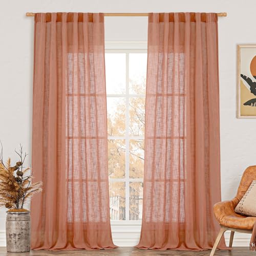 LAMIT Terracotta Linen Curtains - 90 Inch for Living Room, Fall Western Decor, Back Tab and Rod Pocket Boho Curtains - Burnt Orange Rustic Drapes for Bedroom, Set of 2, 52 x 90 Inch
