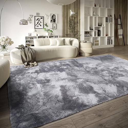 ELLE Decoration Calida Rug - Fluffy High Pile Living Room Rug - Plain Soft Easy Care Long Pile for Living Room, Dining Room, Bedroom, Children's Room - Silver, 80 x 150 cm