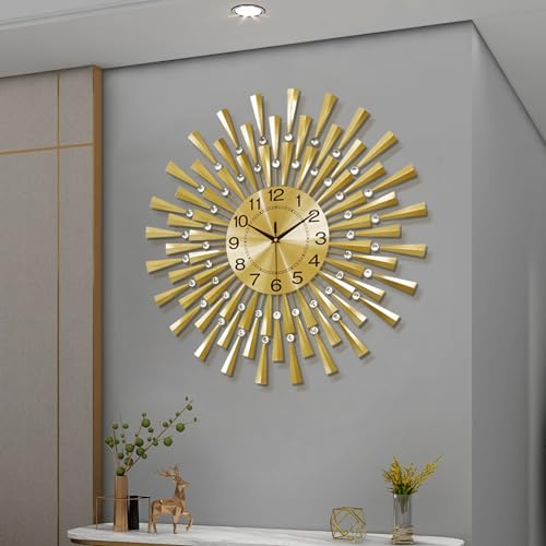 Fleble Modern Gold Silent Wall Clock - Battery Operated, Non-Ticking, 24Inch Retro Crystal Clock for Living Room, Bedroom, Kitchen, Office, Home Decor