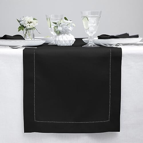Solino Home Linen Black Table Runner 72 Inches Long - 100% Pure Linen Hemstitch Table Runner 14 x 72 Inch for Dresser, Dining, Summer - Classic Hemstitch