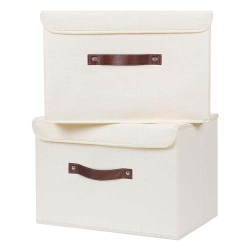 ANMINY 2PCS Storage Bins with Lid PU Leather Handles Storage Boxes PP Plastic Board Decorative Foldable Lidded Cotton Linen Fabric Home Cubes Baskets Closet Organizer Containers - Beige, Large Size