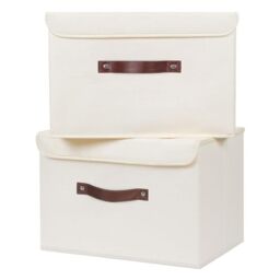 ANMINY 2PCS Storage Bins with Lid PU Leather Handles Storage Boxes PP Plastic Board Decorative Foldable Lidded Cotton Linen Fabric Home Cubes Baskets Closet Organizer Containers - Beige, Large Size