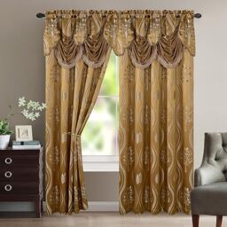 "Elegant Comfort Luxurious Aurora Jacquard Look Curtain Panel Set with Attached Valance 54"" X 95 inch (Set of 2), Taupe"