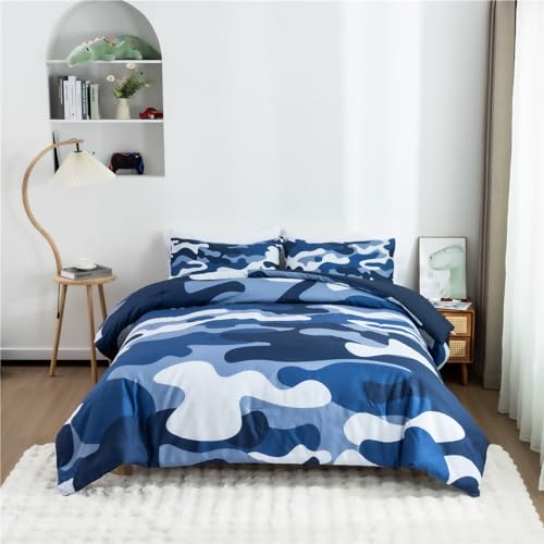 Meeting Story Camouflage Bedding Set, Colorful Pattern Style Comforter Set, 3 PCS One Comforter Two Pillowcases, All Season Bedspread for Teens Adults, Navy, Twin