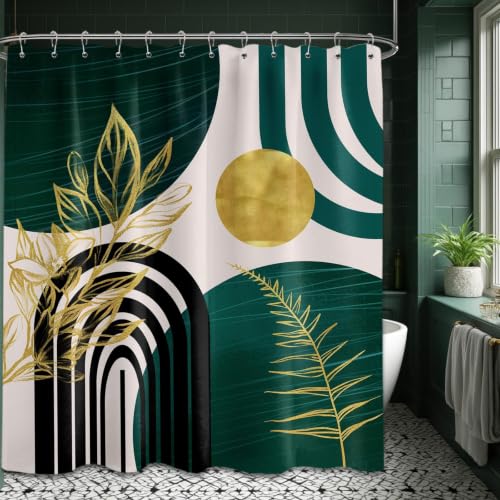 "QGHOT Dark Green Shower Curtain Boho Mid Century Modern Emerald Hunter Green and Gold Shower Curtains for Bathroom Decor, Waterproof Cloth Fabric with Hooks, 70"" W x 78"" L"