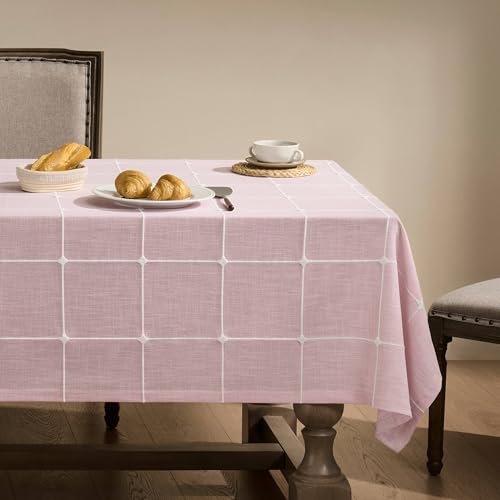 ZeeMart Grid Embroidered Square Tablecloths 52x52in, Hem/Pink - Heavy Weight Cotton Linen Table Cover, Farmhouse Style Tablecloths, Boho Plaid Water Resistant Table Cloth, Home Table Decor
