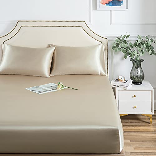 Satin Fitted Sheet, Full Fitted Sheet Only, 1 - Piece Ultra Soft Deep Pocket Single Silk Bottom Bed Sheet Full - Taupe