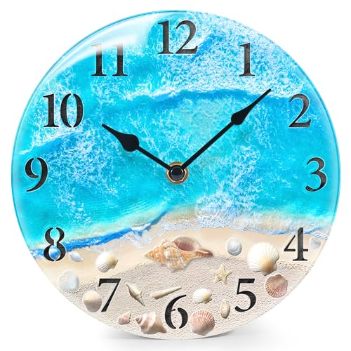 Coastal Beach Wall Clock 8in Blue Seashell Battery Silent Bathroom Decor - Battery Operated Non Ticking Decorative Clock For Kitchen, Living Room, Office