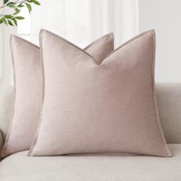 Foindtower Pack of 2, Decorative Linen Solid Throw Pillow Covers Soft Accent Cushion Case Boho Farmhouse Pillowcase for Bed Chair Couch Sofa Bedroom Living Room Home Decor 20 x 20 Inch Light Pink