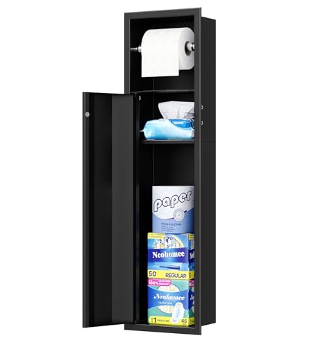 Neodrain Recessed Toilet Paper Holder, Matte Black Tissue Holder with Curved Tri-Fold Door, 304 Stainless Steel Bathroom Storage Cabinet for Tissue Rolls, Perfect Depth fits Amarica Drywall