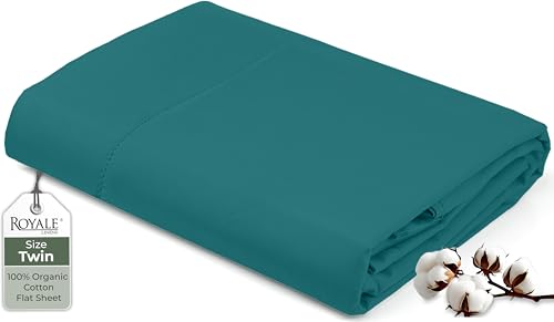 "Royale Linens 100% Organic Cotton Twin Flat Sheet Only - Super Soft - Percale Top Sheets - Twin Flat Sheet Sold Separately - Breathable, Cool & Crisp Sheets Only (66"" x 96"", Teal)"
