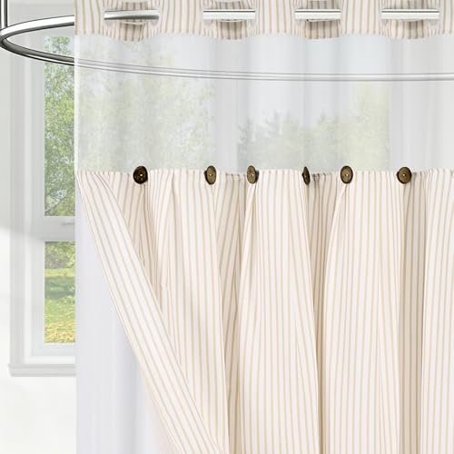 "ASPMIZ Farmhouse Shower Curtain and Liner Set, No Hook Shower Curtain with Snap in Liner Fabric, Rustic Washable Waterproof Bathroom Curtains with Button, Mesh Top Window, Beige Striped, 71""x 74"""