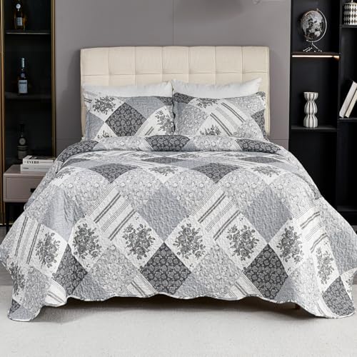 Cmfshape Summer Floral King Bedspread,Romantic Grey Quilt Set King,Reversible Stitched Bedding Set All Season,Soft Lightweight Coverlet with Pillow Cases (Dark Grey, King102 x90)