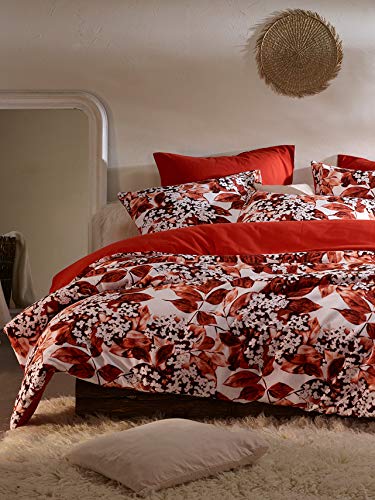 De Witte Lietaer Mimulus Bedding Set: Duvet Cover and Pillowcases, Cotton, White - Red, 200 x 220 cm
