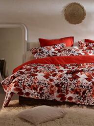 De Witte Lietaer Mimulus Bedding Set: Duvet Cover and Pillowcases, Cotton, White - Red, 200 x 220 cm