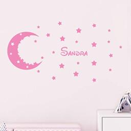 Personalised Name Stickers - Moon and Stars Wall Sticker - Children's Room Wall Decoration - 2 Sheets of 30 x 30 cm and 40 x 25 cm - Pink