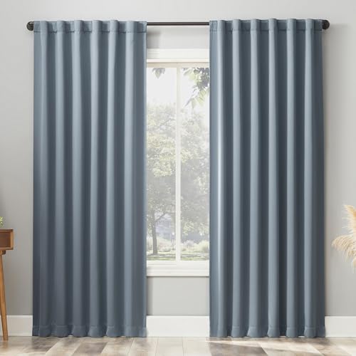 "Sun Zero Belize 2-Pack Magnetic Closure Pleated Look Theater Grade 100% Blackout Back Tab Curtain Panel Pair, 52"" x 63"", Denim Blue"