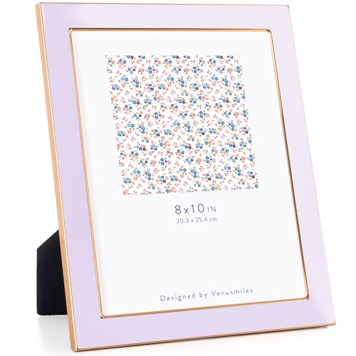 8x10(20x25cm) Light Purple Enamel Picture Frame, HD Real Glass, Gold Edge - Aluminum Alloy Frame with Tempered Glass & Slide-in Back, for Wall & Tabletop Display, Family Office Gallery