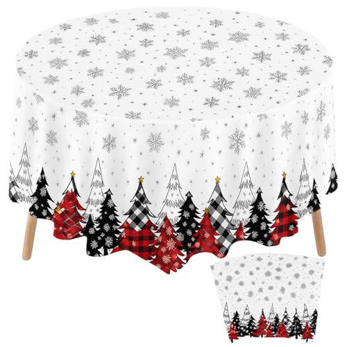 Potchen 3 Pcs Round Christmas Tablecloth 84 Inch Plastic Christmas Tree Snowman Snowflake Tablecloth Disposable Xmas Holiday Table Cover for Party Picnic Dinner Kitchen Decor (Tree)