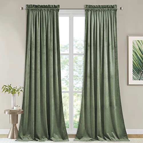 "StangH Plush Velvet Curtains 2 Panels Rod Pocket Room Darkening Thermal Insulated Drapes for Nursery Bedroom Living Room 52"" W x 84"" L Sage Green"