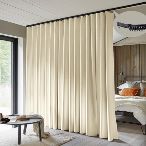 MaKefeile Room Divider Curtains with Flexible Ceiling Curtain Tracks Set,100% Blackout Floor to Ceiling Curtains Patio Sliding Door Curtains (Beige Drape & Black Rail W 15 ?? H 9 FT)