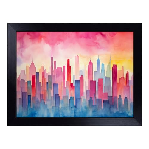 Lap Tray with Bean Bag Cushion, Skyline Watercolour - Handmade in the UK, Raised Wooden Edge, Padded Cushion, Heat-Resistant Wipe-Clean Surface, for Meals, Laptops and Crafts