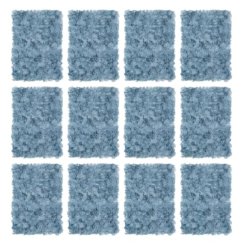 BLOSMON Flower Wall Panel Backdrop - 12 Pcs 24 x 16 Inch Dusty Blue Artificial Hydrangea Floral Backdrop for Wedding Party Baby Bridal Shower Decor, Hanging Fake Silk Hydrangea Wall DIY Decoration